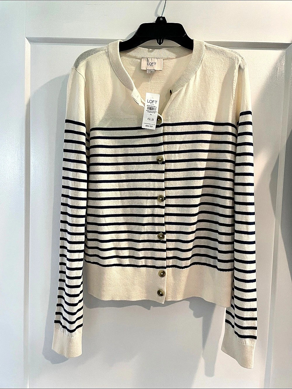 LOFT Striped Cardigan Cream & Blue medium NWT